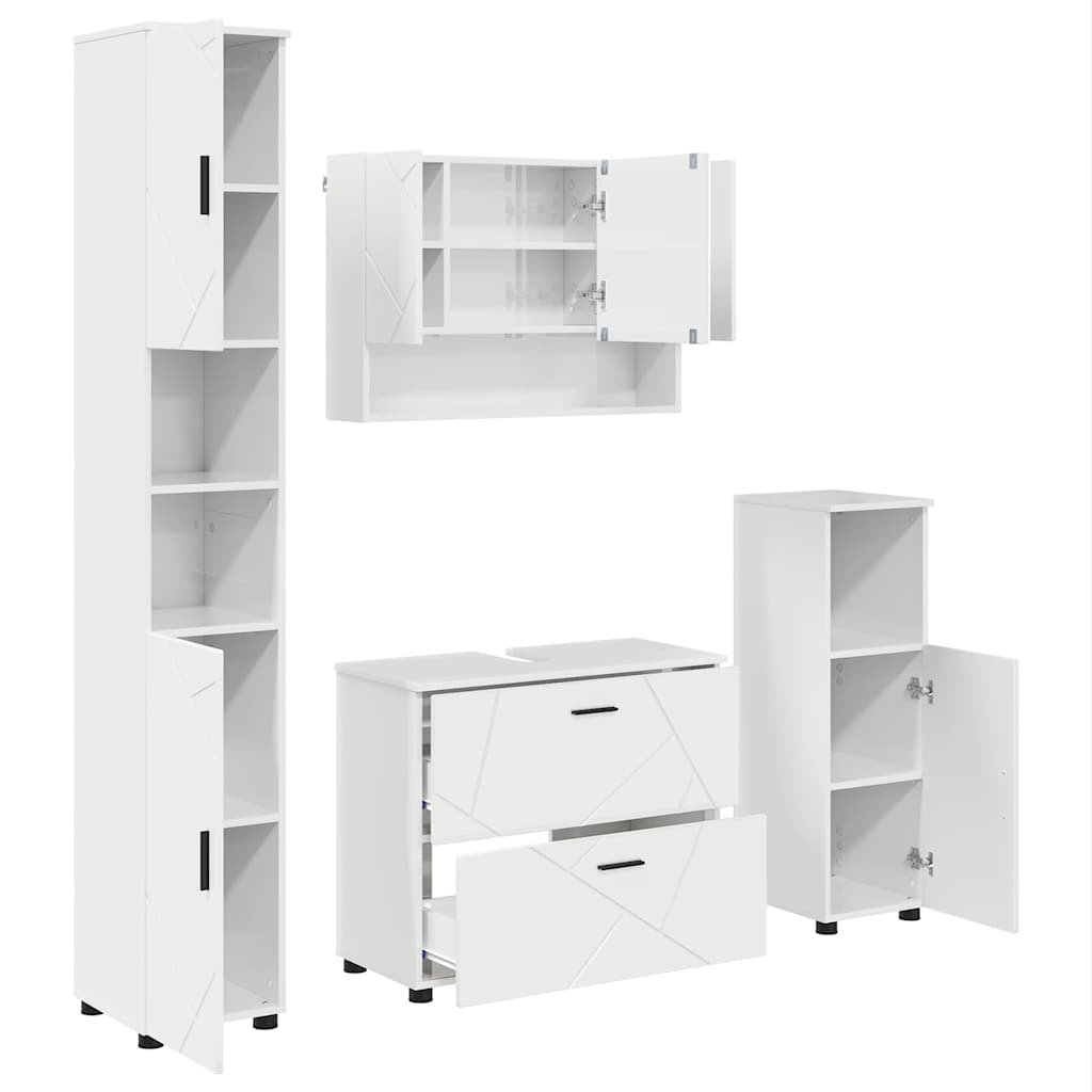 Badkamermeubelset 4 pcs Hoogglans wit Geperst Hout en Metaal