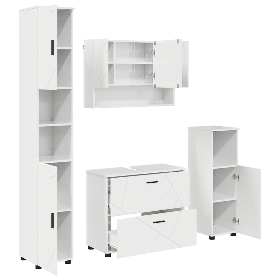 Badkamermeubelset 4 pcs Hoogglans wit Geperst Hout en Metaal