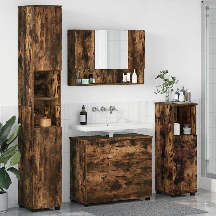 Badkamermeubelset 4 pcs Gerookt eiken Geperst Hout en Metaal