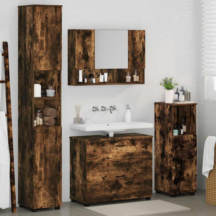 Badkamermeubelset 4 pcs Gerookt eiken Geperst Hout en Metaal