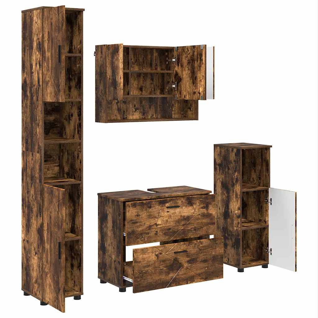 Badkamermeubelset 4 pcs Gerookt eiken Geperst Hout en Metaal