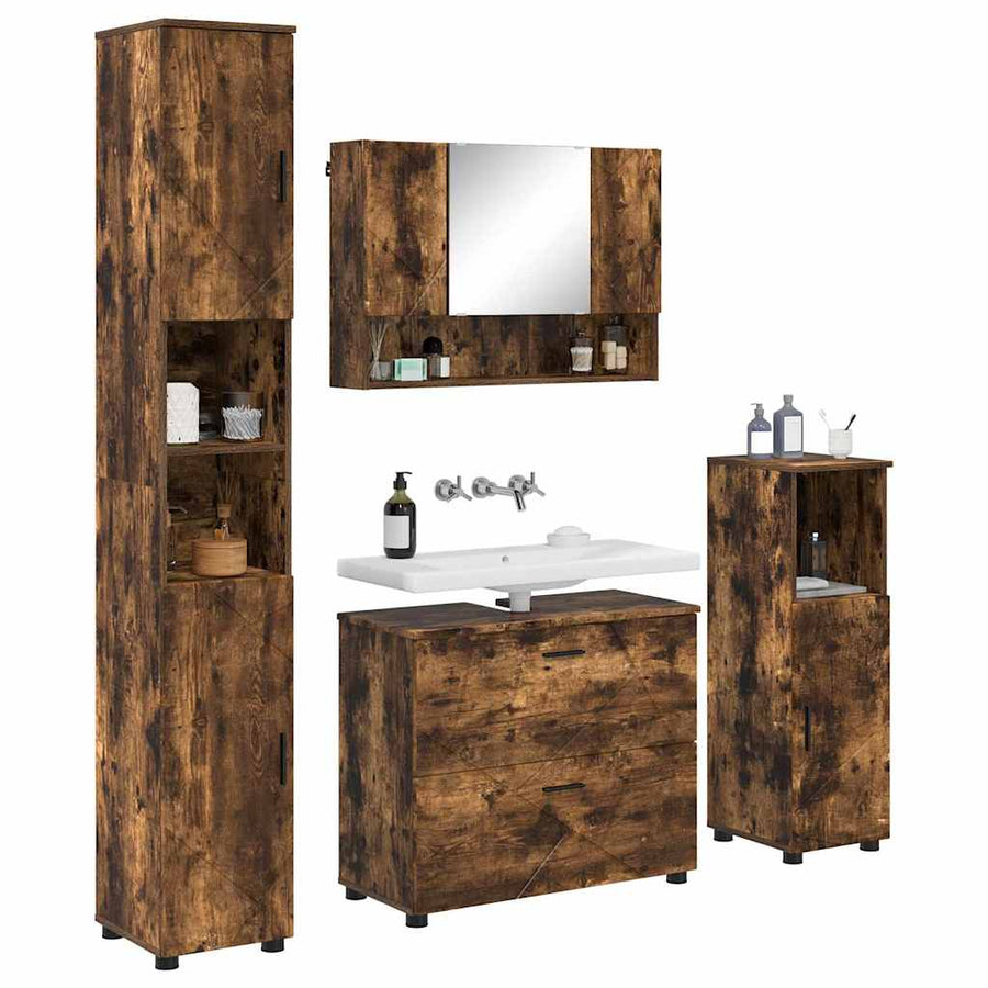 Badkamermeubelset 4 pcs Gerookt eiken Geperst Hout en Metaal
