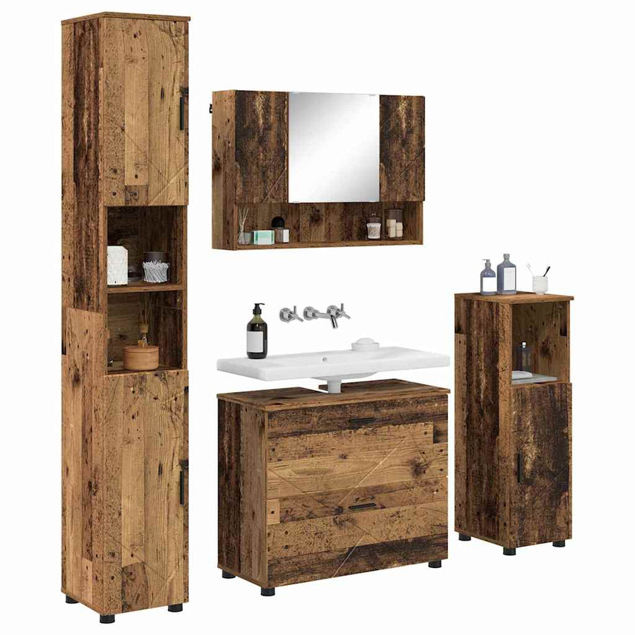 Badkamermeubelset 4 pcs Oud Hout Geperst Hout en Metaal