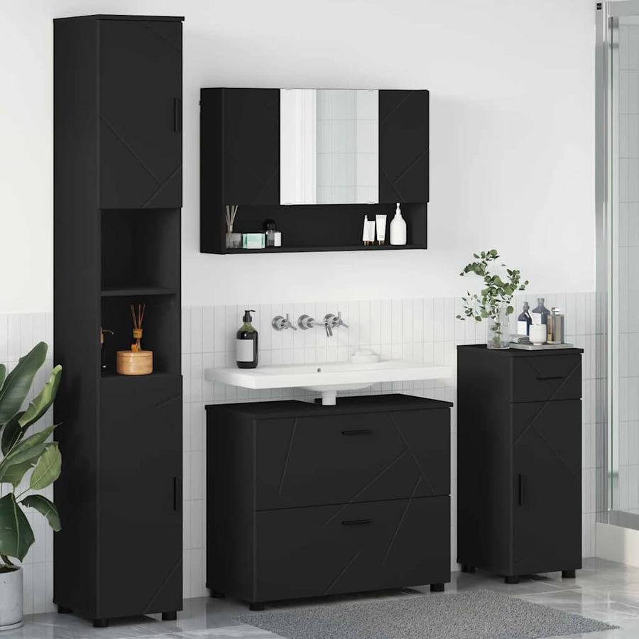 Badkamermeubelset met lade 4 pcs Zwart Geperst Hout en Metaal
