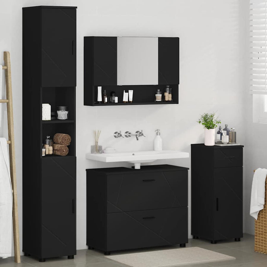 Badkamermeubelset met lade 4 pcs Zwart Geperst Hout en Metaal