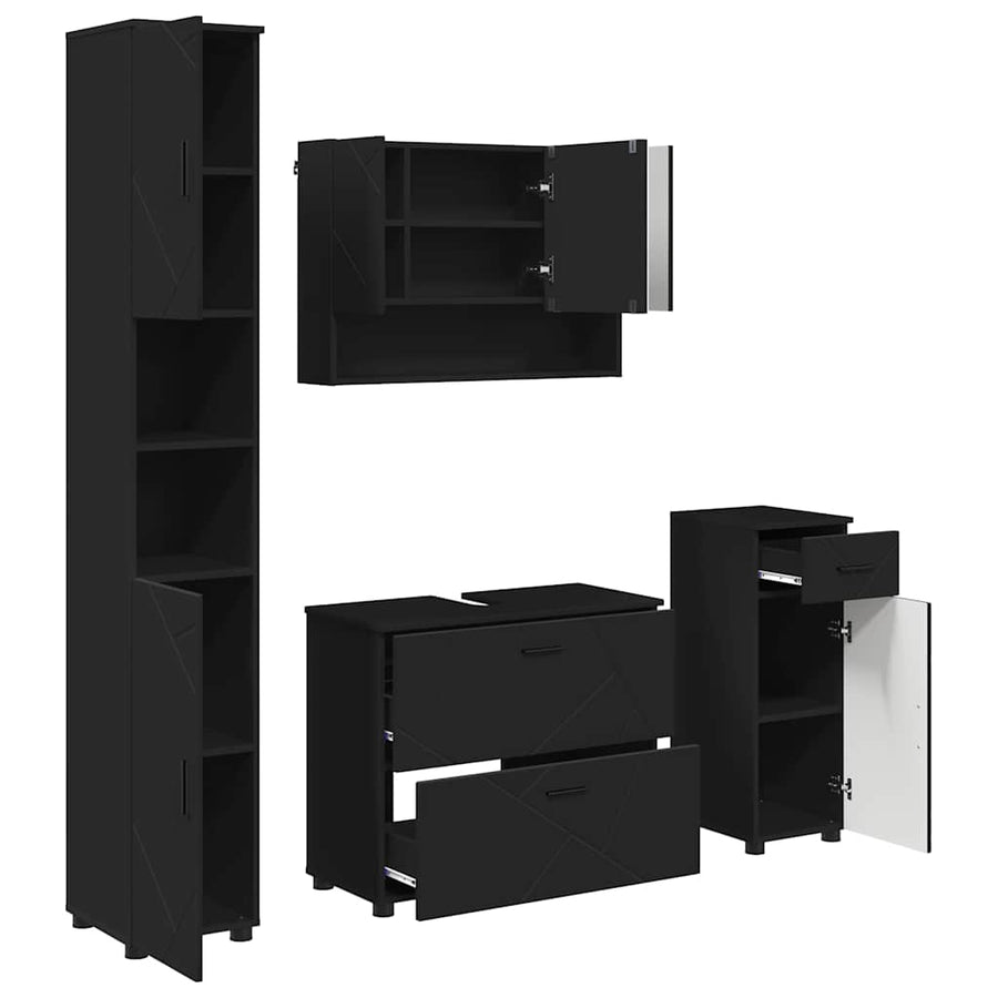 Badkamermeubelset met lade 4 pcs Zwart Geperst Hout en Metaal