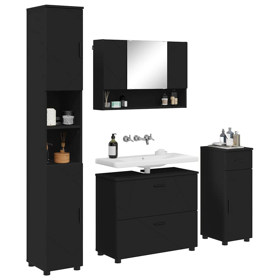 Badkamermeubelset met lade 4 pcs Zwart Geperst Hout en Metaal