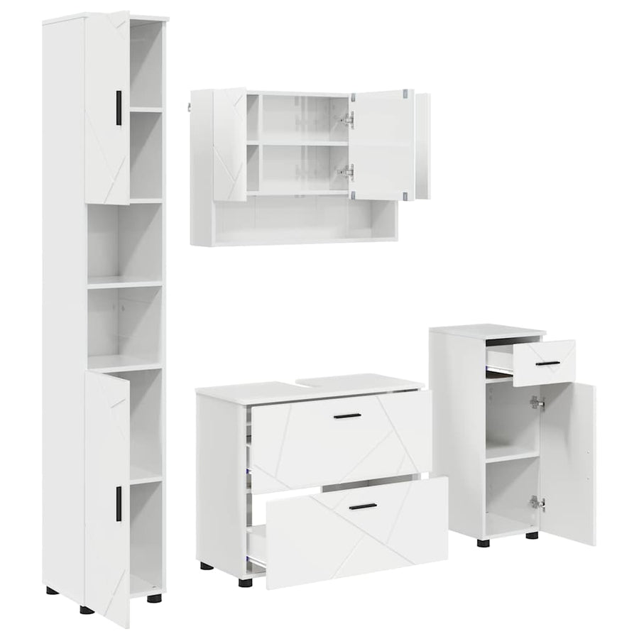 Badkamermeubelset 4 pcs Hoogglans wit Geperst Hout en Metaal