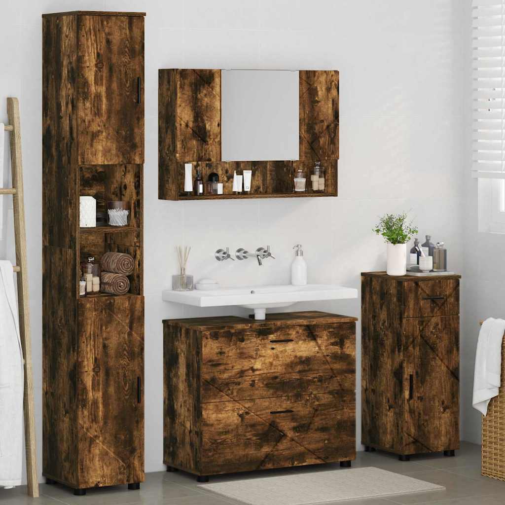 Badkamermeubelset 4 pcs Gerookt eiken Geperst Hout en Metaal