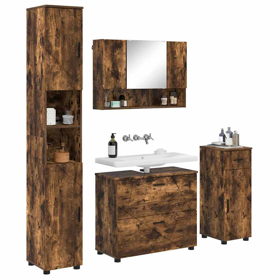 Badkamermeubelset 4 pcs Gerookt eiken Geperst Hout en Metaal