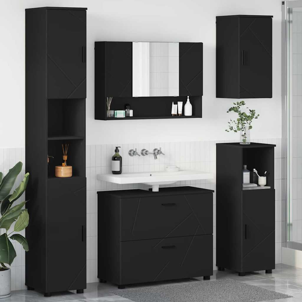 Badkamermeubelset met lade 5 pcs Zwart Geperst Hout en Metaal
