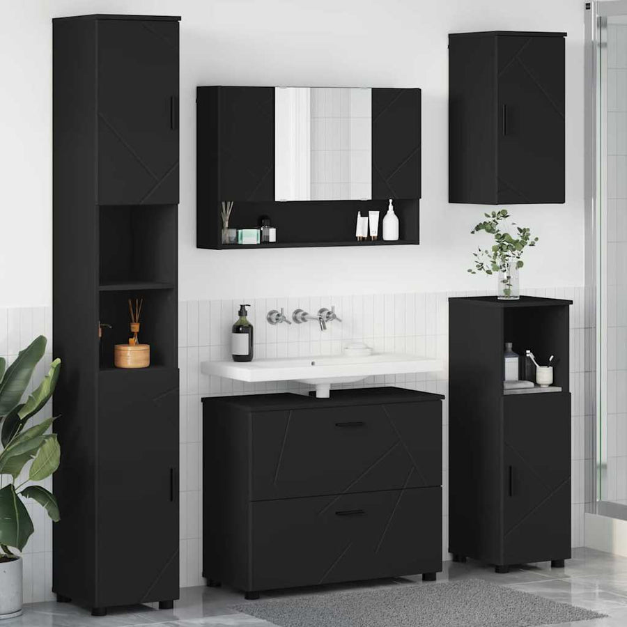 Badkamermeubelset met lade 5 pcs Zwart Geperst Hout en Metaal