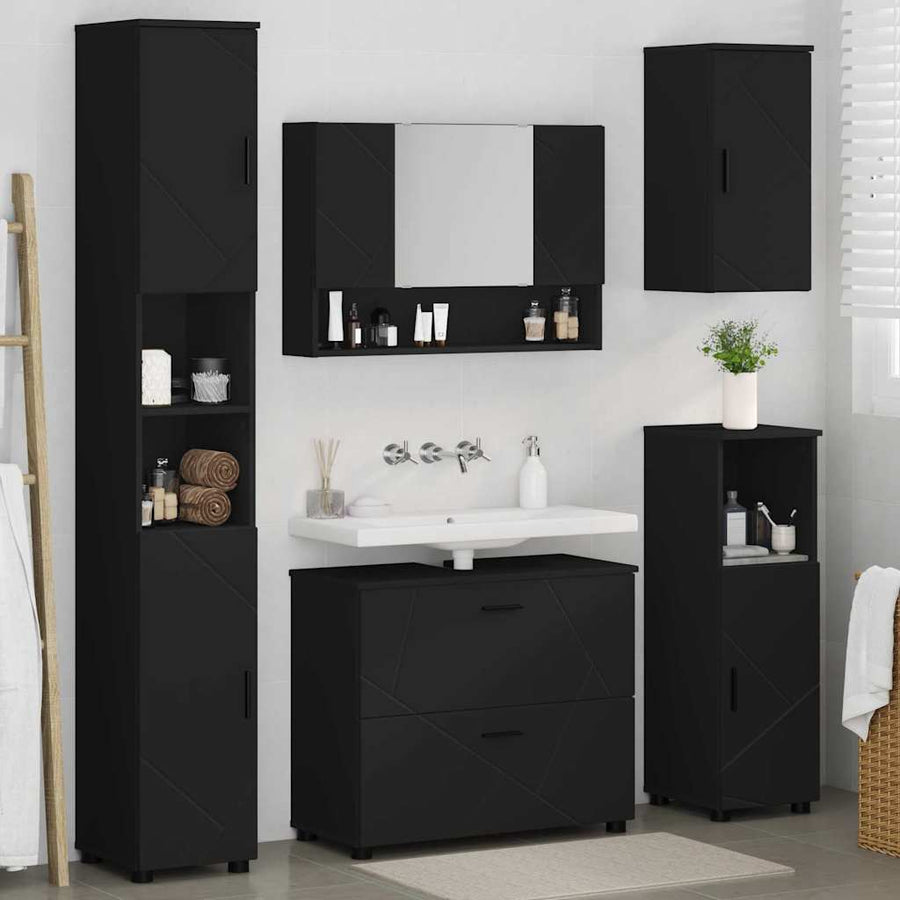 Badkamermeubelset met lade 5 pcs Zwart Geperst Hout en Metaal