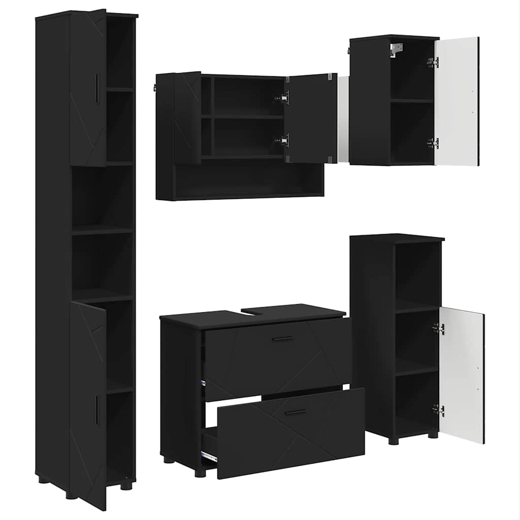 Badkamermeubelset met lade 5 pcs Zwart Geperst Hout en Metaal