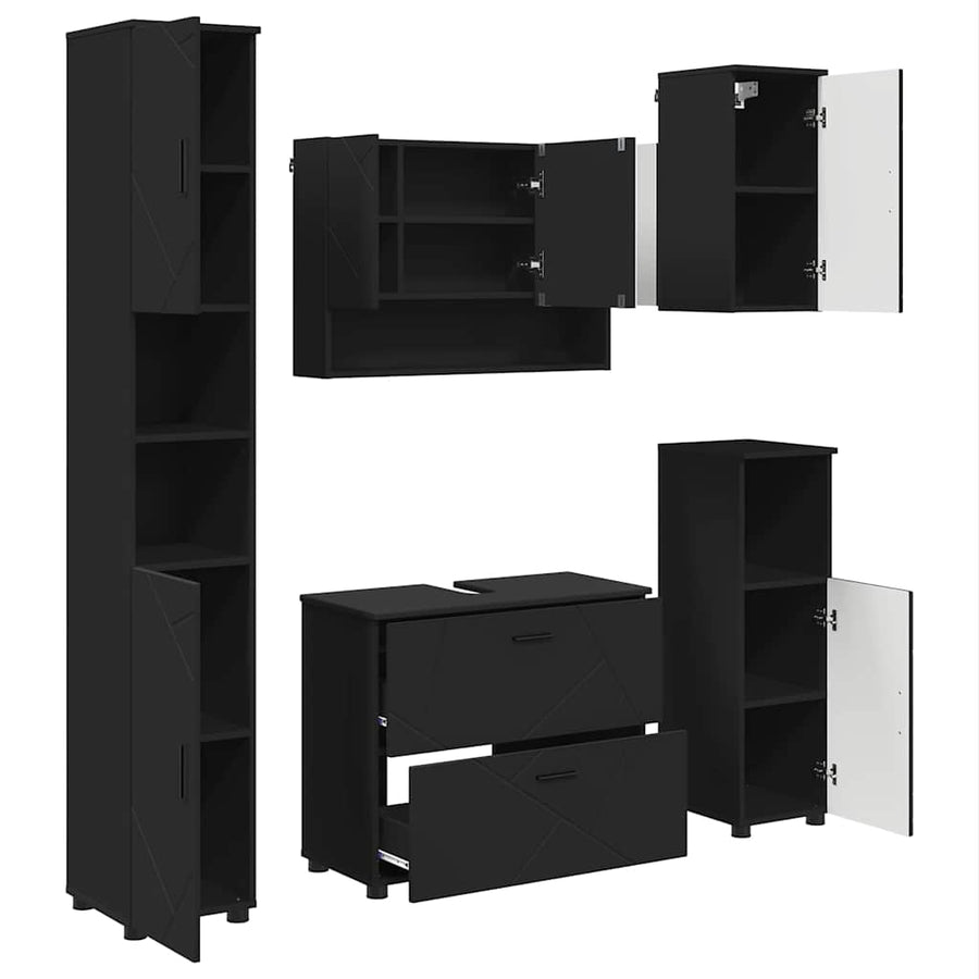 Badkamermeubelset met lade 5 pcs Zwart Geperst Hout en Metaal