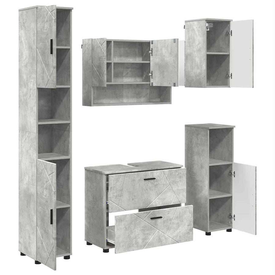 Badkamermeubelset 5 pcs Beton Grijs Geperst Hout en Metaal