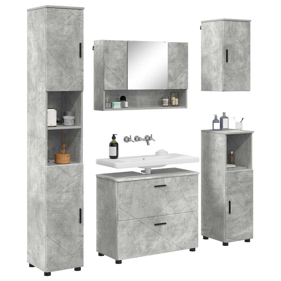 Badkamermeubelset 5 pcs Beton Grijs Geperst Hout en Metaal