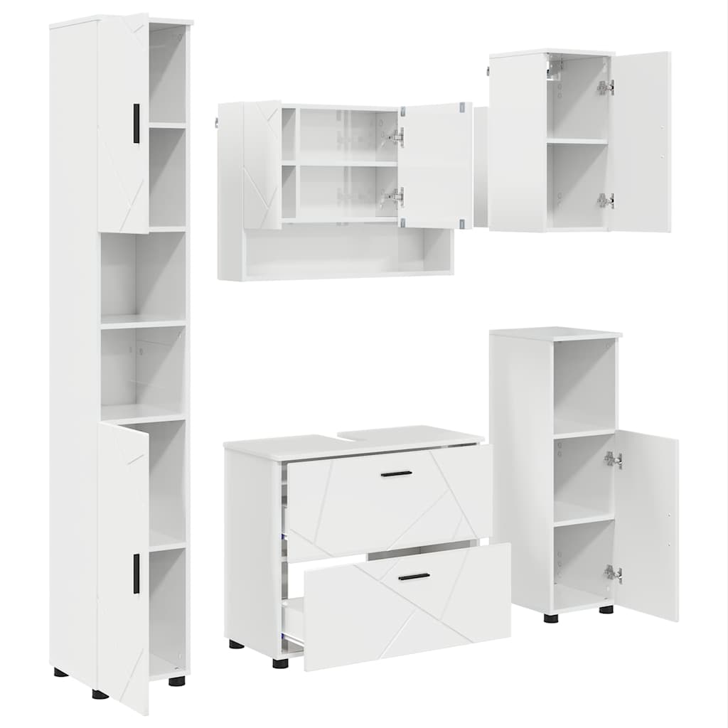 Badkamermeubelset 5 pcs Hoogglans wit Geperst Hout en Metaal