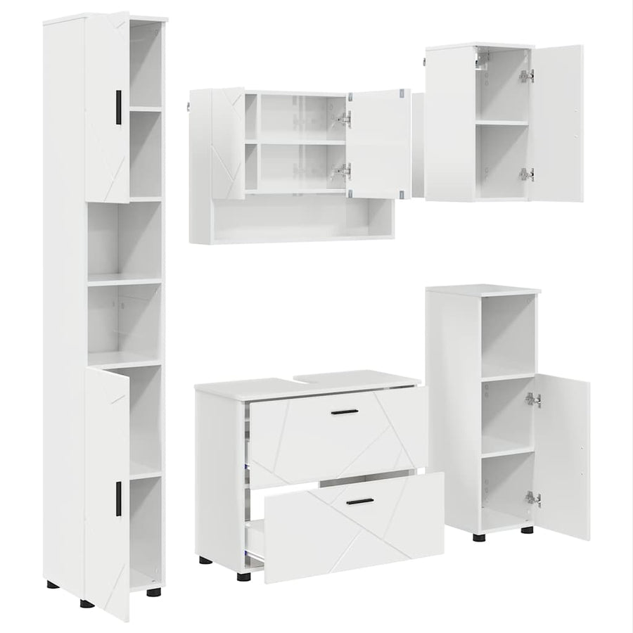 Badkamermeubelset 5 pcs Hoogglans wit Geperst Hout en Metaal
