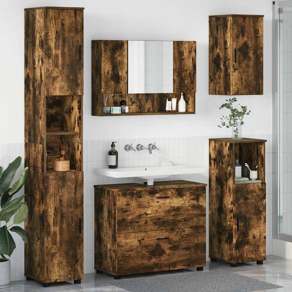 Badkamermeubelset 5 pcs Gerookt eiken Geperst Hout en Metaal