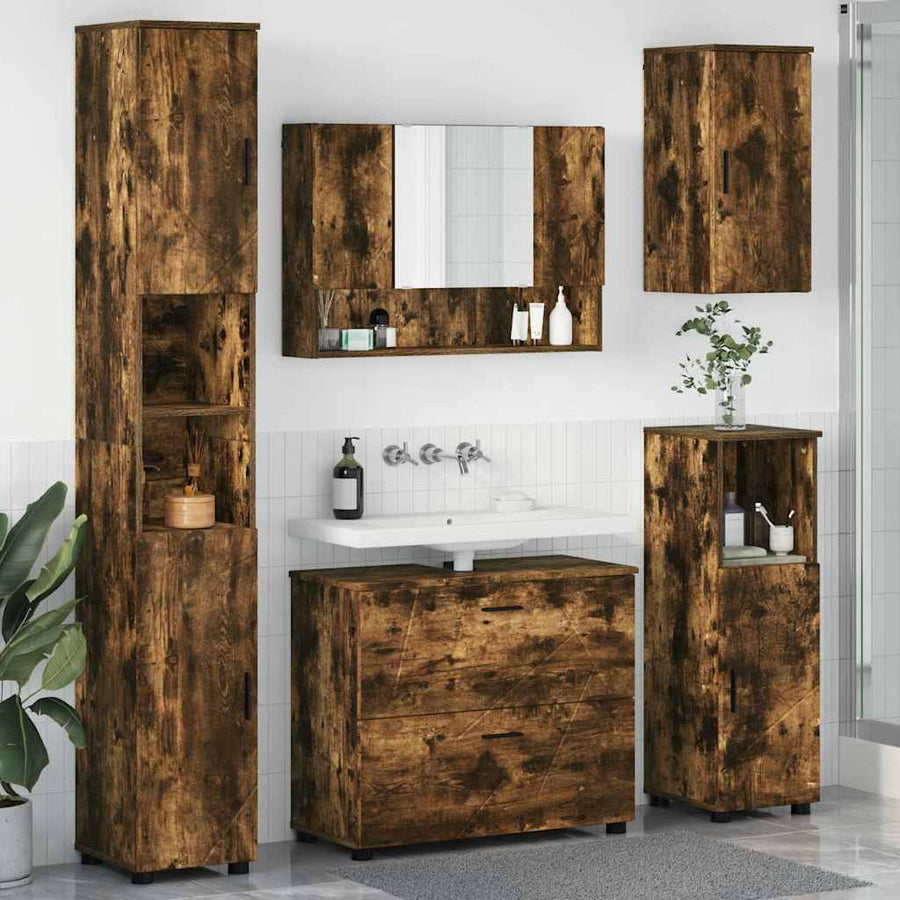 Badkamermeubelset 5 pcs Gerookt eiken Geperst Hout en Metaal