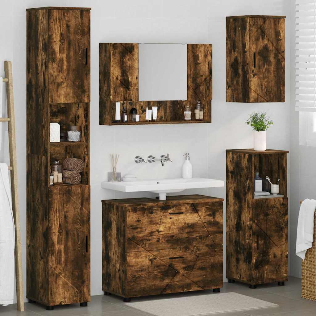 Badkamermeubelset 5 pcs Gerookt eiken Geperst Hout en Metaal