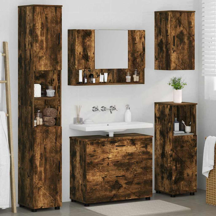 Badkamermeubelset 5 pcs Gerookt eiken Geperst Hout en Metaal