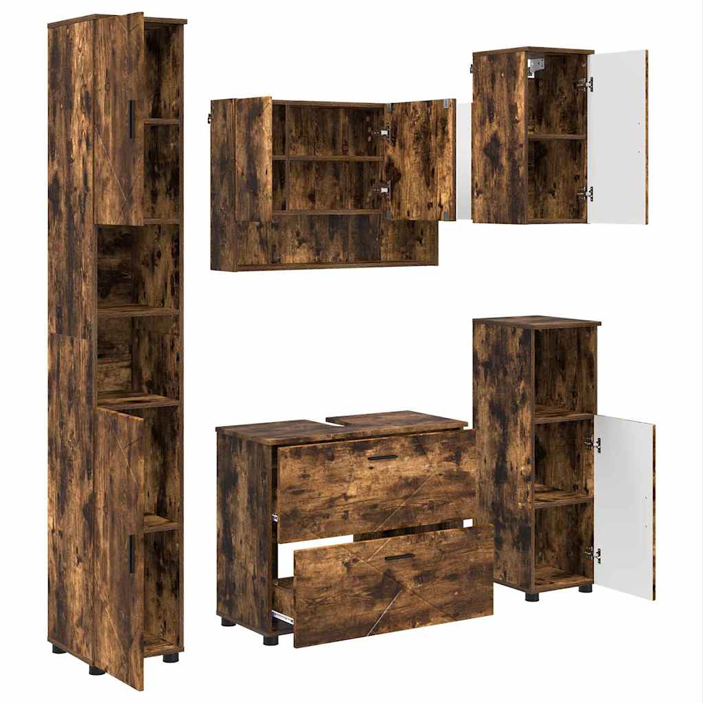 Badkamermeubelset 5 pcs Gerookt eiken Geperst Hout en Metaal