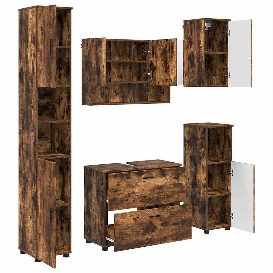 Badkamermeubelset 5 pcs Gerookt eiken Geperst Hout en Metaal