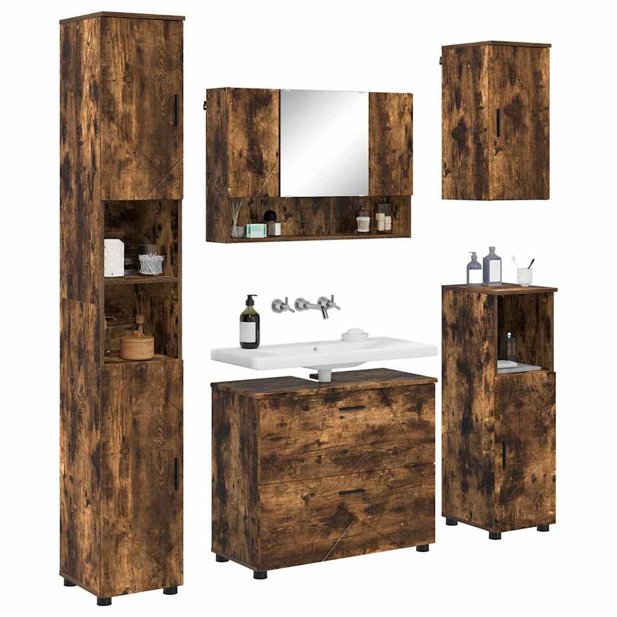 Badkamermeubelset 5 pcs Gerookt eiken Geperst Hout en Metaal