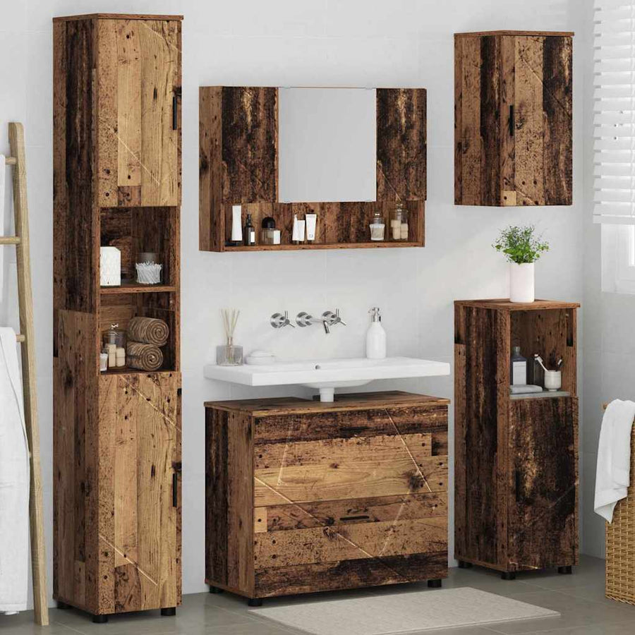 Badkamermeubelset 5 pcs Oud Hout Geperst Hout en Metaal