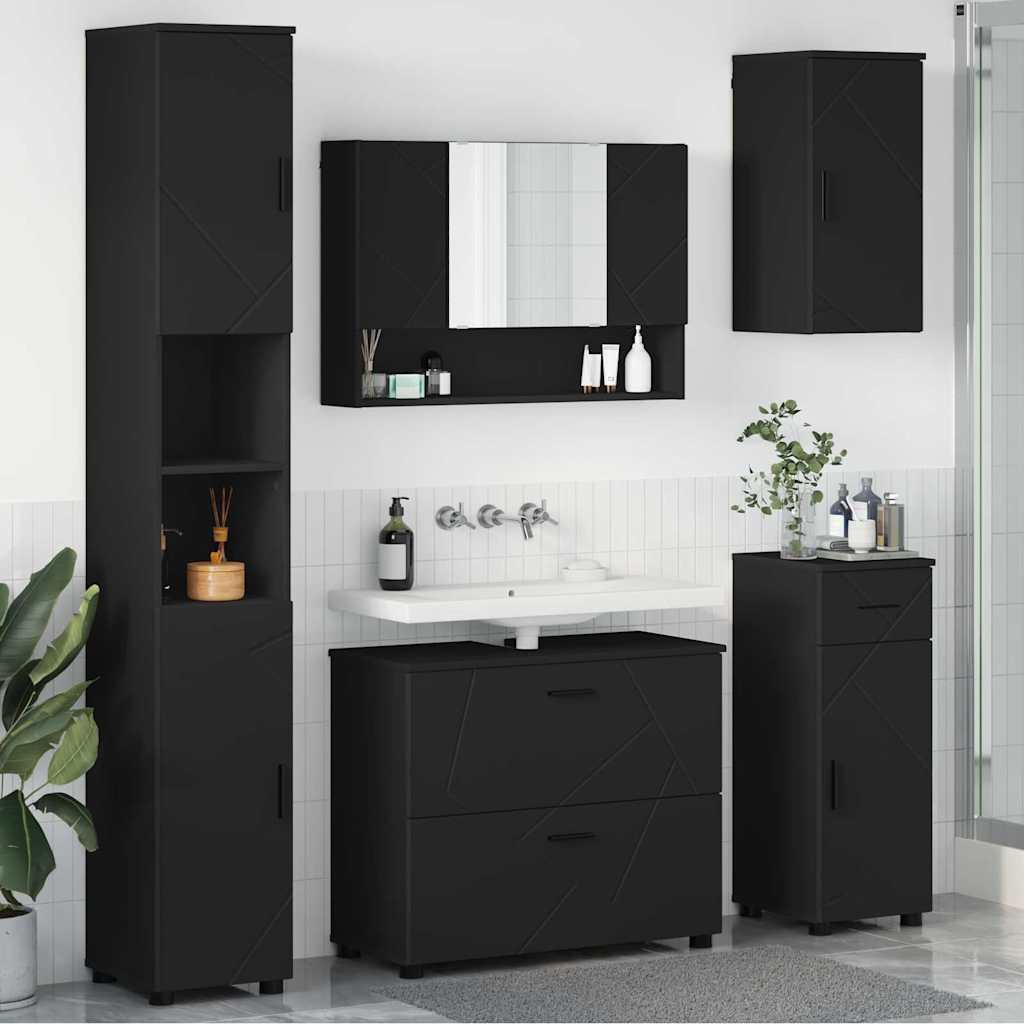 Badkamermeubelset met lade 5 pcs Zwart Geperst Hout en Metaal