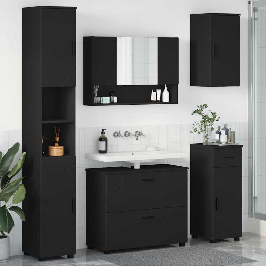 Badkamermeubelset met lade 5 pcs Zwart Geperst Hout en Metaal