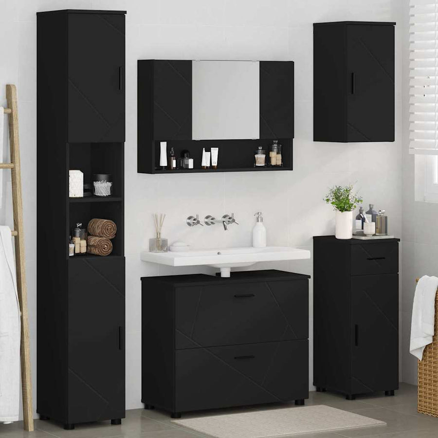 Badkamermeubelset met lade 5 pcs Zwart Geperst Hout en Metaal