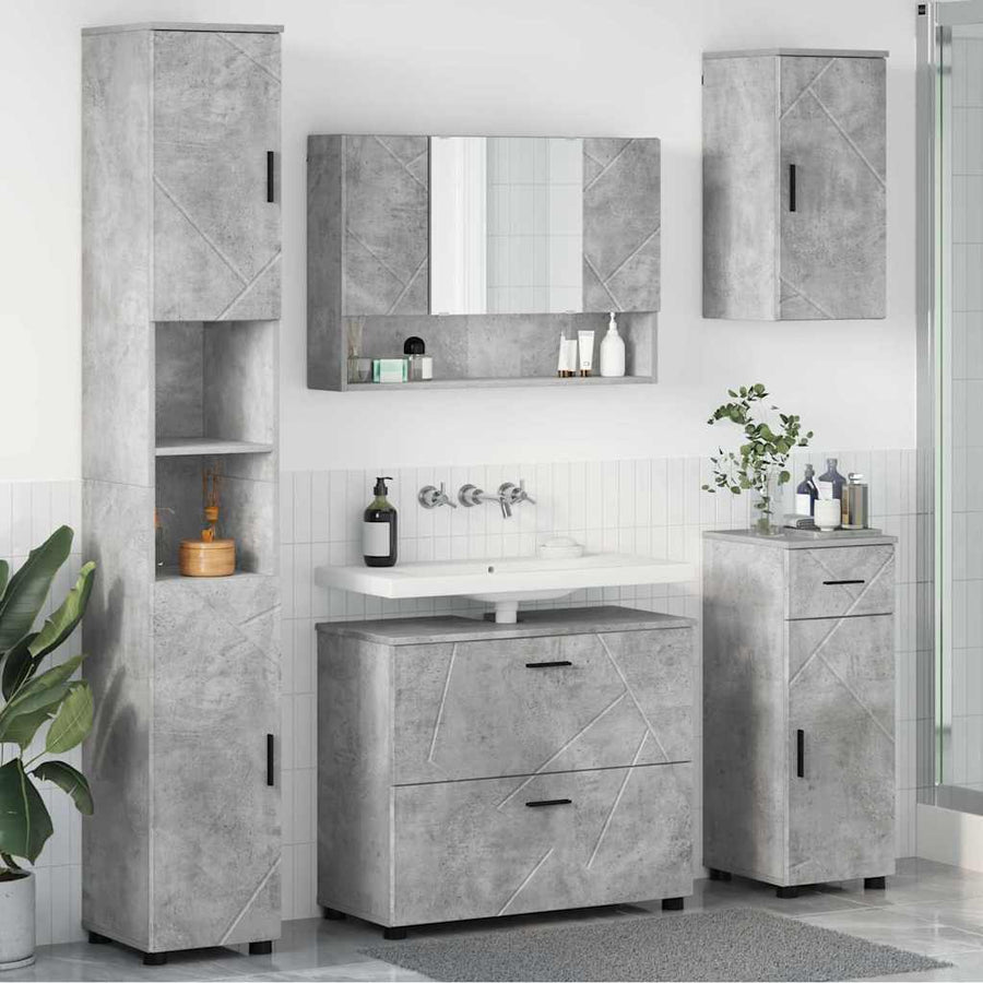 Badkamermeubelset 5 pcs Beton Grijs Geperst Hout en Metaal