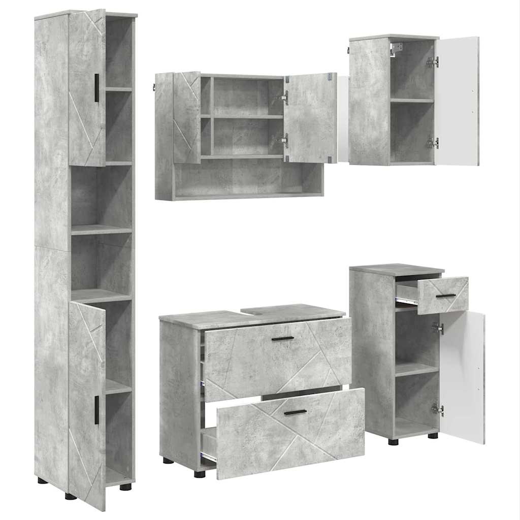 Badkamermeubelset 5 pcs Beton Grijs Geperst Hout en Metaal