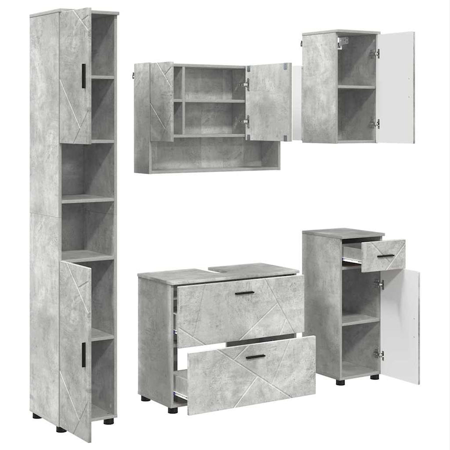 Badkamermeubelset 5 pcs Beton Grijs Geperst Hout en Metaal