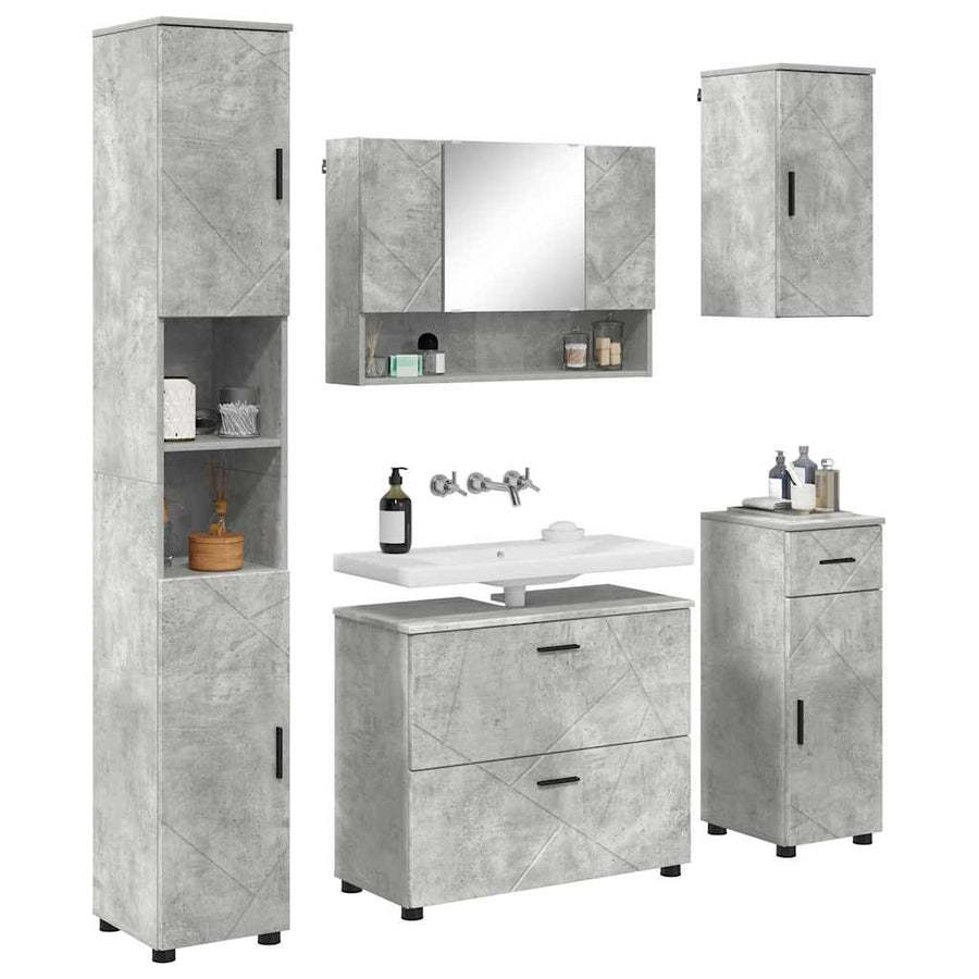 Badkamermeubelset 5 pcs Beton Grijs Geperst Hout en Metaal