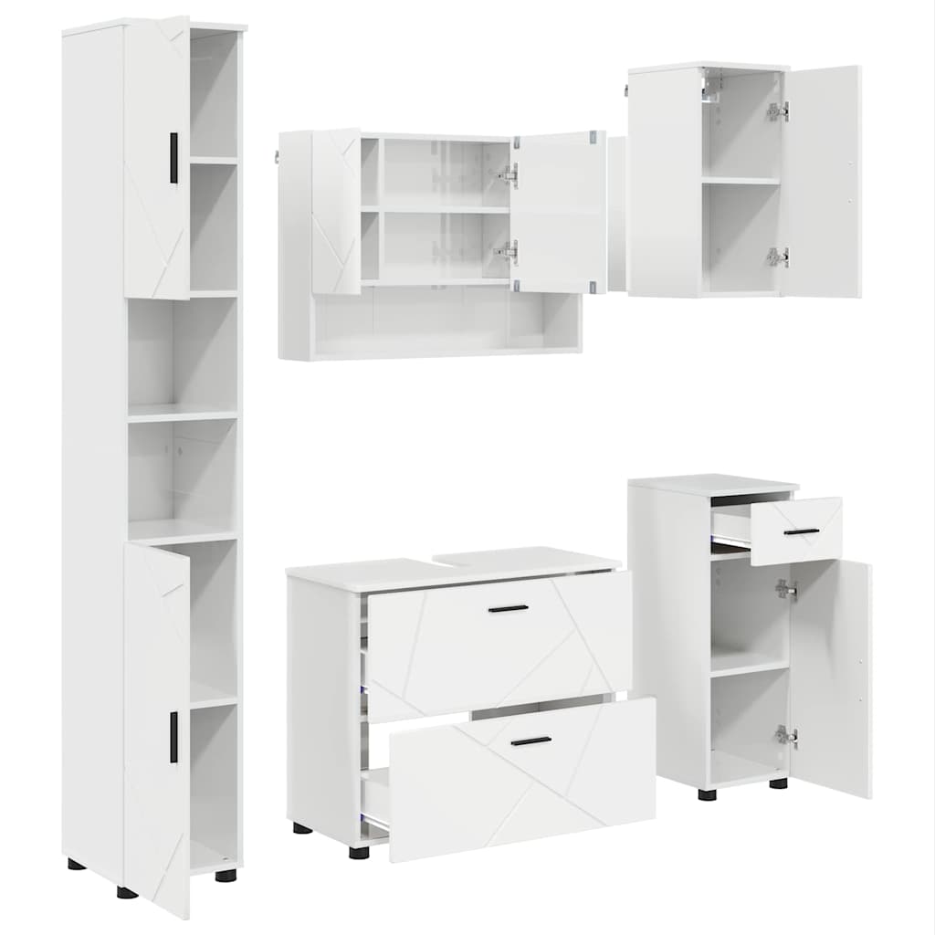 Badkamermeubelset 5 pcs Hoogglans wit Geperst Hout en Metaal