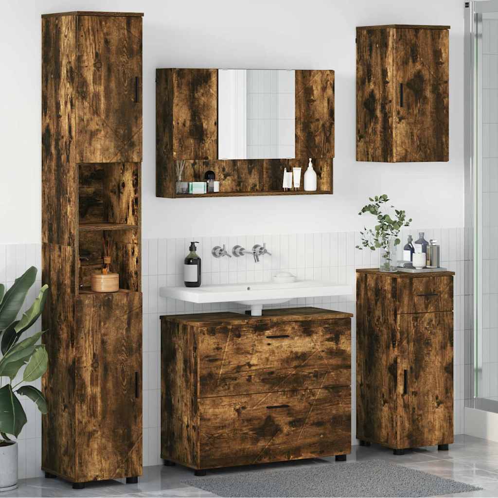 Badkamermeubelset 5 pcs Gerookt eiken Geperst Hout en Metaal