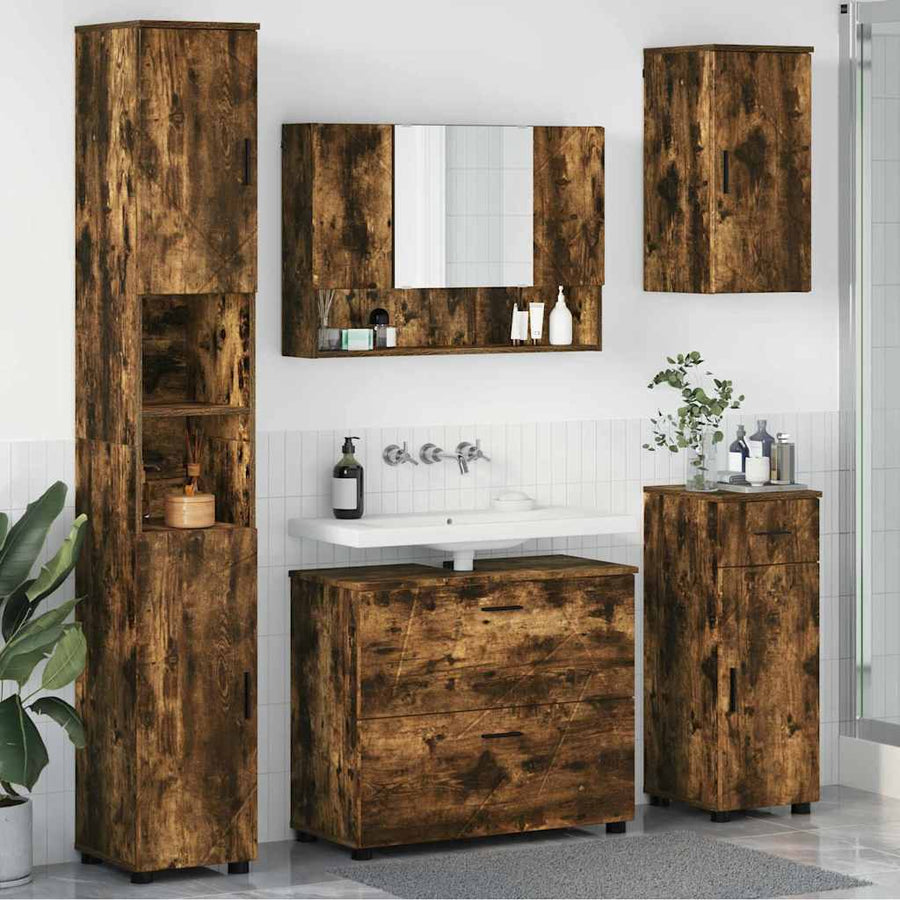 Badkamermeubelset 5 pcs Gerookt eiken Geperst Hout en Metaal