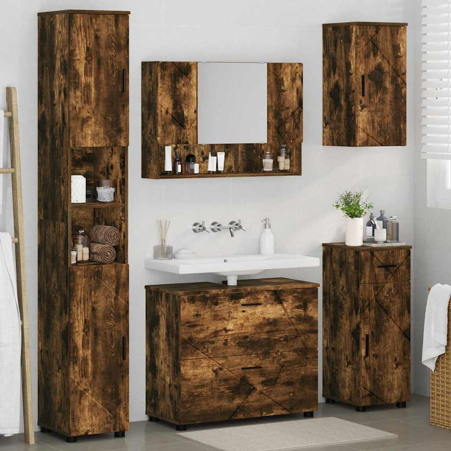 Badkamermeubelset 5 pcs Gerookt eiken Geperst Hout en Metaal