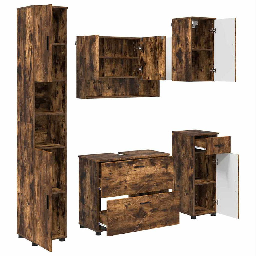 Badkamermeubelset 5 pcs Gerookt eiken Geperst Hout en Metaal