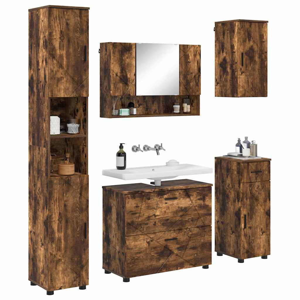 Badkamermeubelset 5 pcs Gerookt eiken Geperst Hout en Metaal