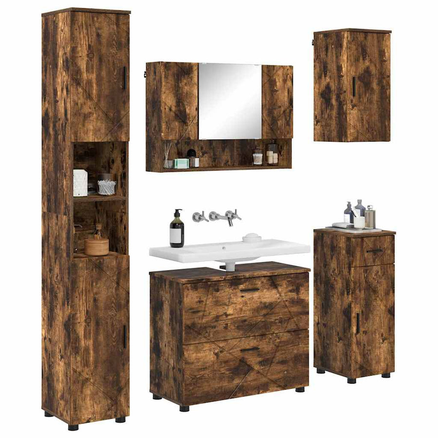 Badkamermeubelset 5 pcs Gerookt eiken Geperst Hout en Metaal