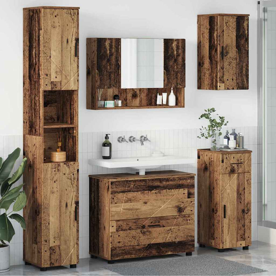 Badkamermeubelset 5 pcs Oud Hout Geperst Hout en Metaal