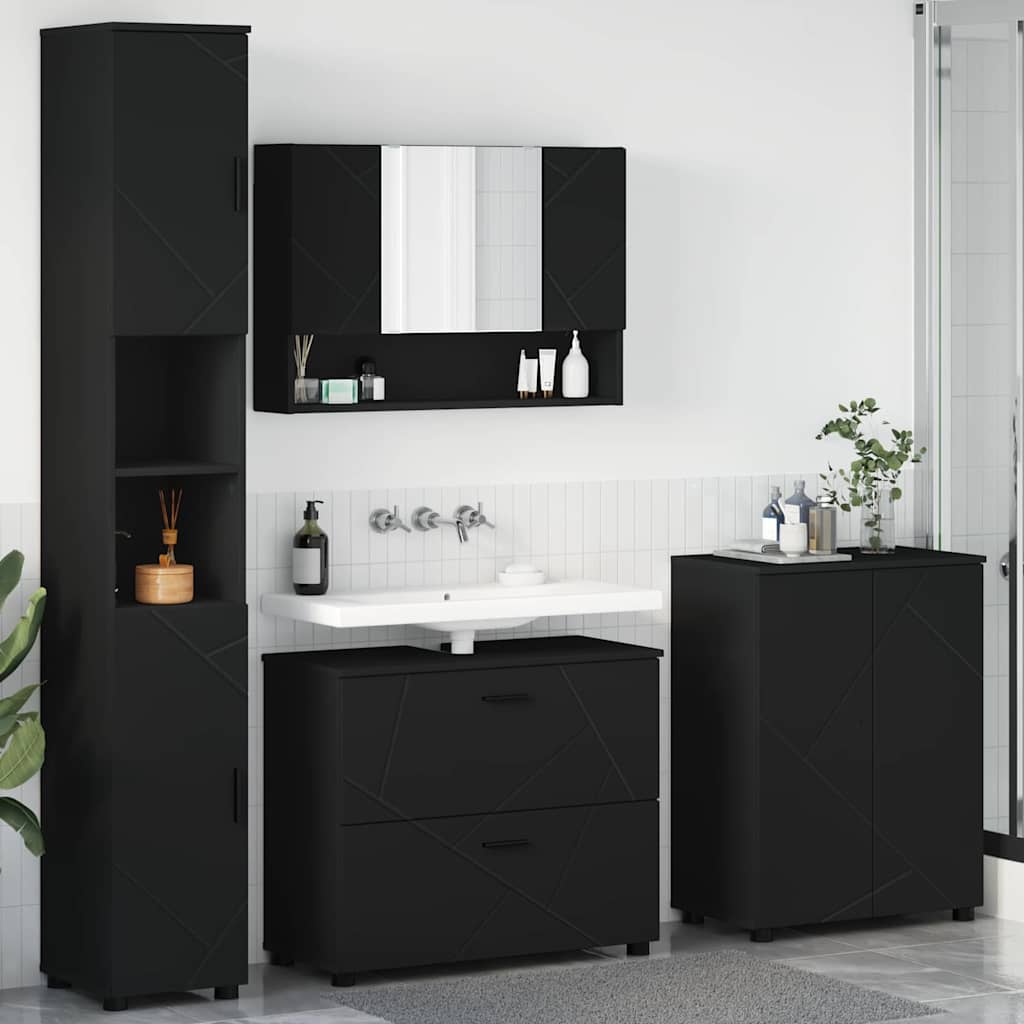 Badkamermeubelset met lade 4 pcs Zwart Geperst Hout en Metaal
