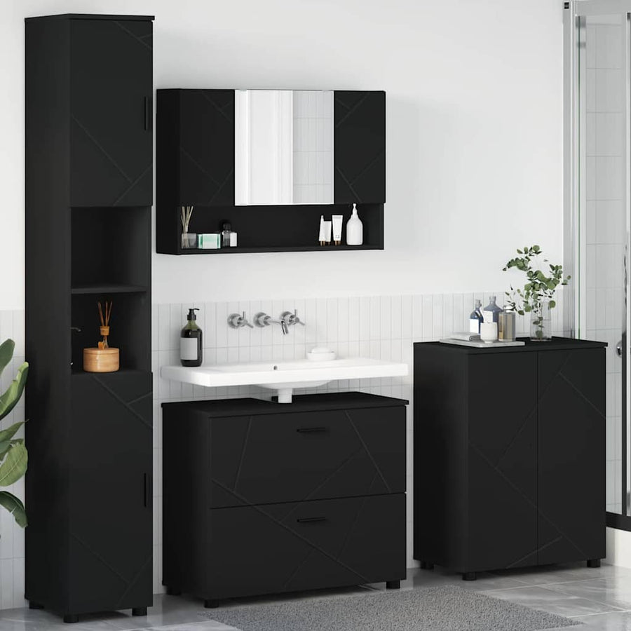 Badkamermeubelset met lade 4 pcs Zwart Geperst Hout en Metaal