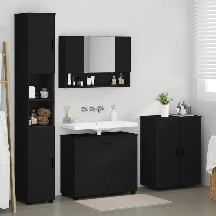 Badkamermeubelset met lade 4 pcs Zwart Geperst Hout en Metaal