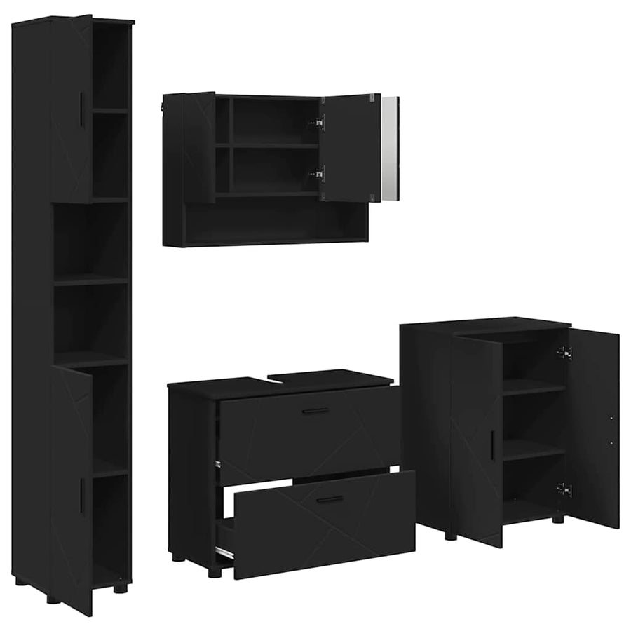 Badkamermeubelset met lade 4 pcs Zwart Geperst Hout en Metaal